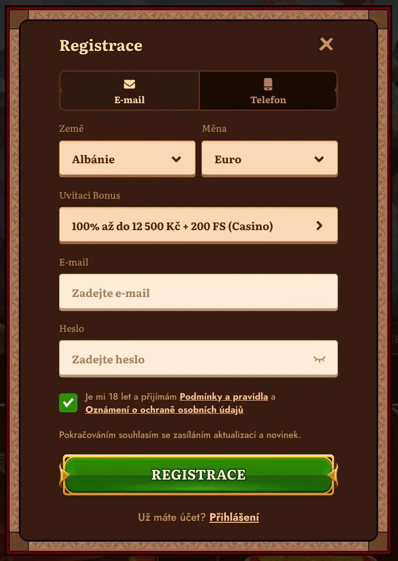 Registrační formulář v Wildrobin casino